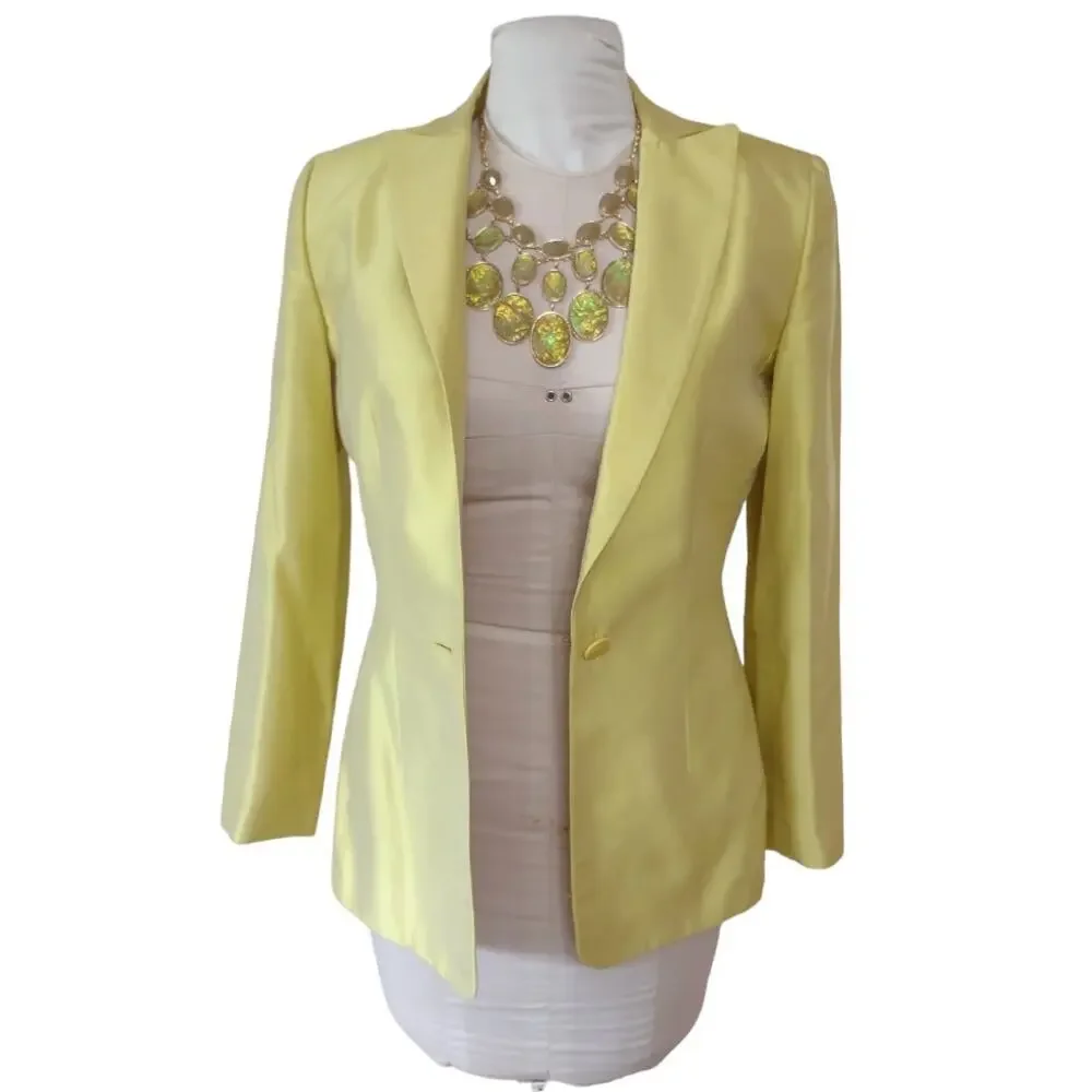 OSCAR DE LA RENTA Yellow Silk Blazer Sz 2 Lightweight Fitted Lemon Suit Jacket
